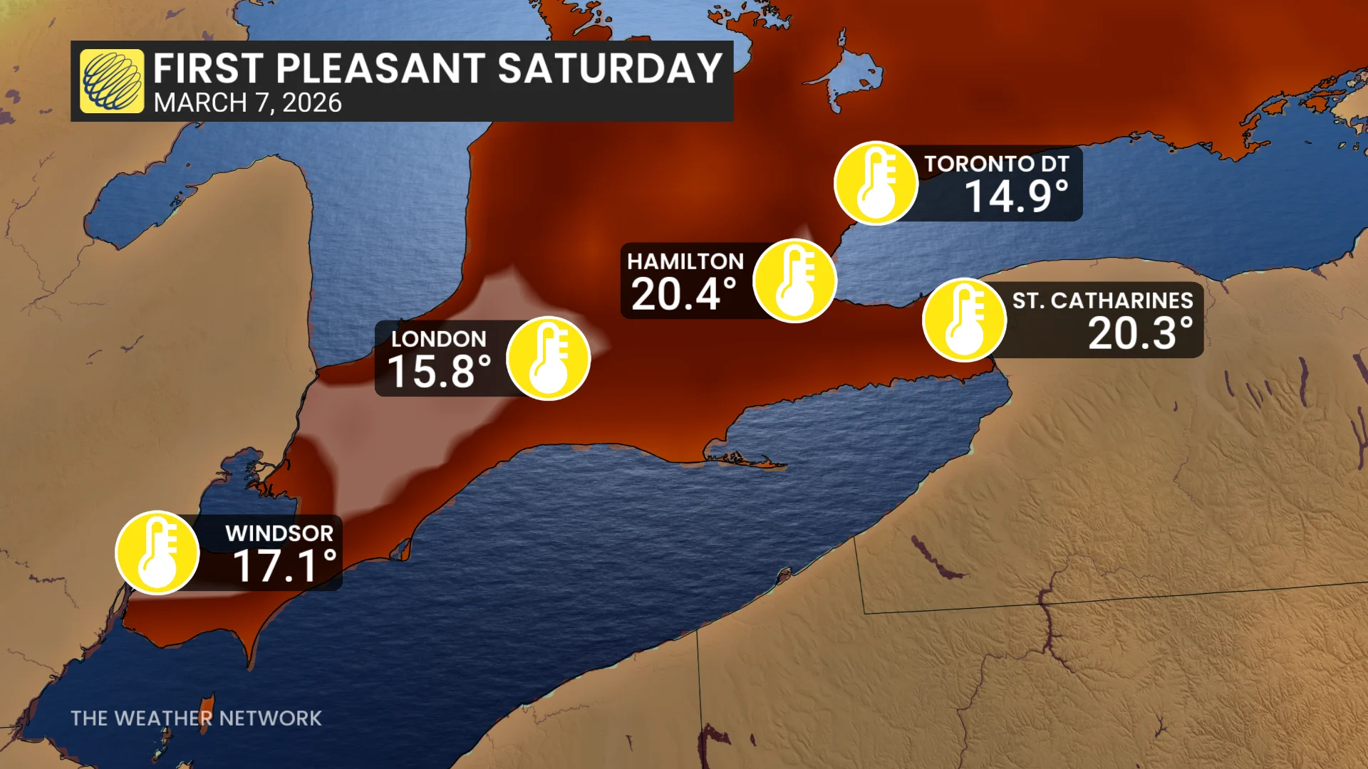 pleasant Saturday with upper teens and 20 C Ontario March 7