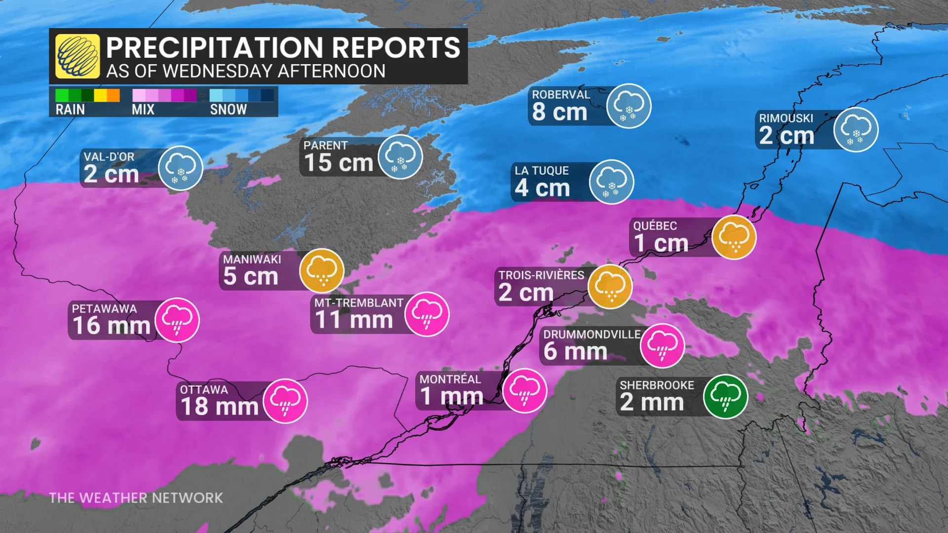 Eastern Ontario and Quebec precipitation reports as of Wednesday afternoon