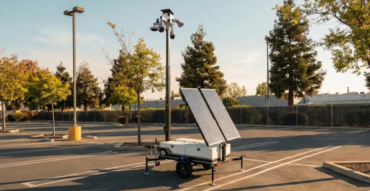 A Flock mobile security trailer, featuring two wheels, a solar panel, and a mast with four CCTV cameras.
