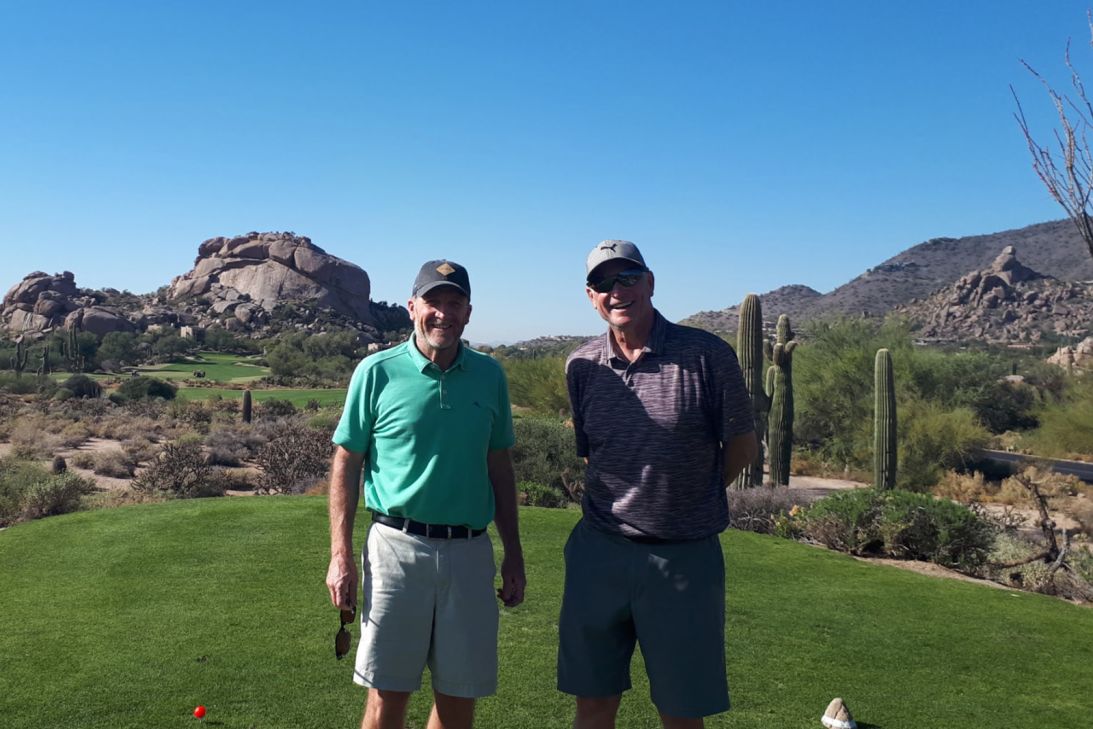 Todd Johnson (left), seen here with his friend, Gerry Bezaire, at The Boulders Resort in Arizona, in 2021. Johnson planned to visit Arizona for another golf trip this winter but went to Mexico instead.