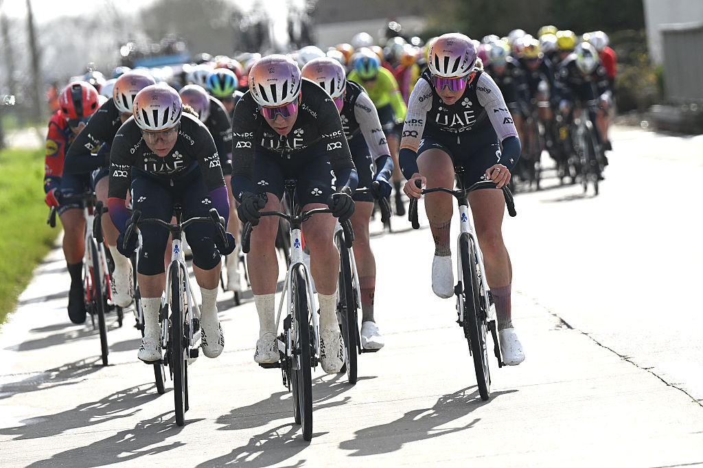 BRUGES, BELGIUM - MARCH 26: (L-R) Sofie van Rooijen of Netherlands and Febe Jooris of Belgium and UAE Team ADQ during the 9th Ronde van Brugge - Tour of Bruges 2026, Women's Elite a 143.7km one day race from Bruges to Bruges on March 26, 2026 in Bruges, Belgium. (Photo by Luc Claessen/Getty Images)