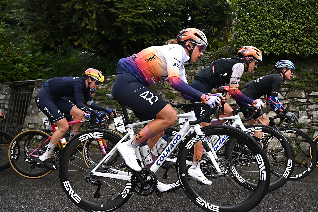 CITTIGLIO, ITALY - MARCH 15: (L-R) Silvia Persico of Italy and Eleonora Camilla Gasparrini of Italy and UAE Team ADQ compete during the 27th Trofeo Alfredo Binda - Comune di Cittiglio 2026 a 152.7km one dat race from Luino to Cittiglio / #UCIWWT / on March 15, 2026 in Cittiglio, Italy.Luino, Italy. (Photo by Luc Claessen/Getty Images)
