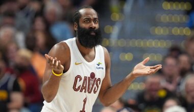 Cleveland Cavaliers guard James Harden reacts after being called for a foul in the second half of an NBA basketball game against the Denver Nuggets Monday, Feb. 9, 2026, in Denver. (AP Photo/David Zalubowski)
