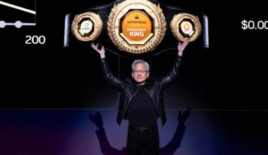 Nvidia's CEO Jensen Huang gestures during a keynote address at Nvidia's GTC Conference on March 16, 2026 in San Jose, California.