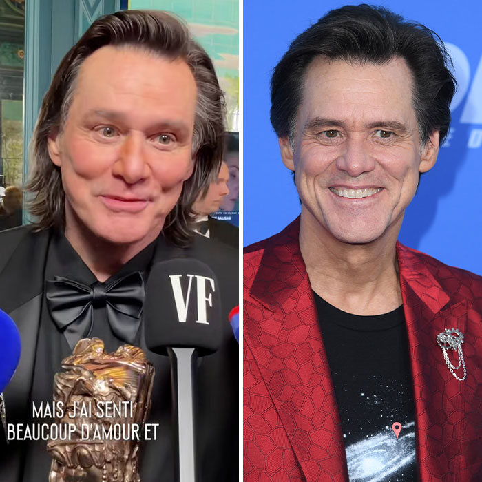 Split image showing a drag queen wearing a mask posing as Jim Carrey alongside a photo of Jim Carrey smiling. Split image showing a drag queen wearing a mask posing as Jim Carrey alongside a photo of Jim Carrey smiling.