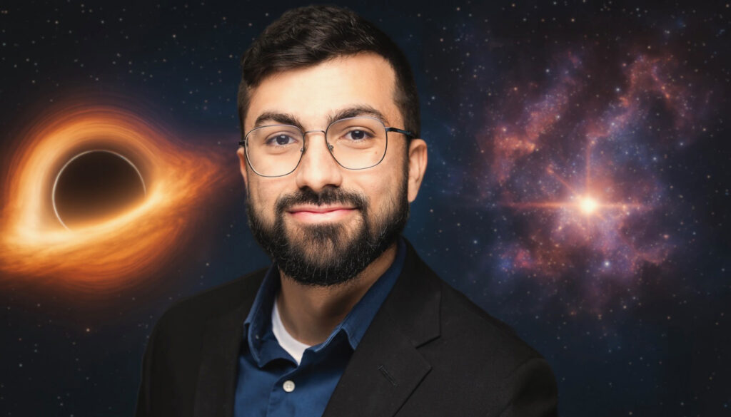 a bearded young man surrounded by astronomical objects