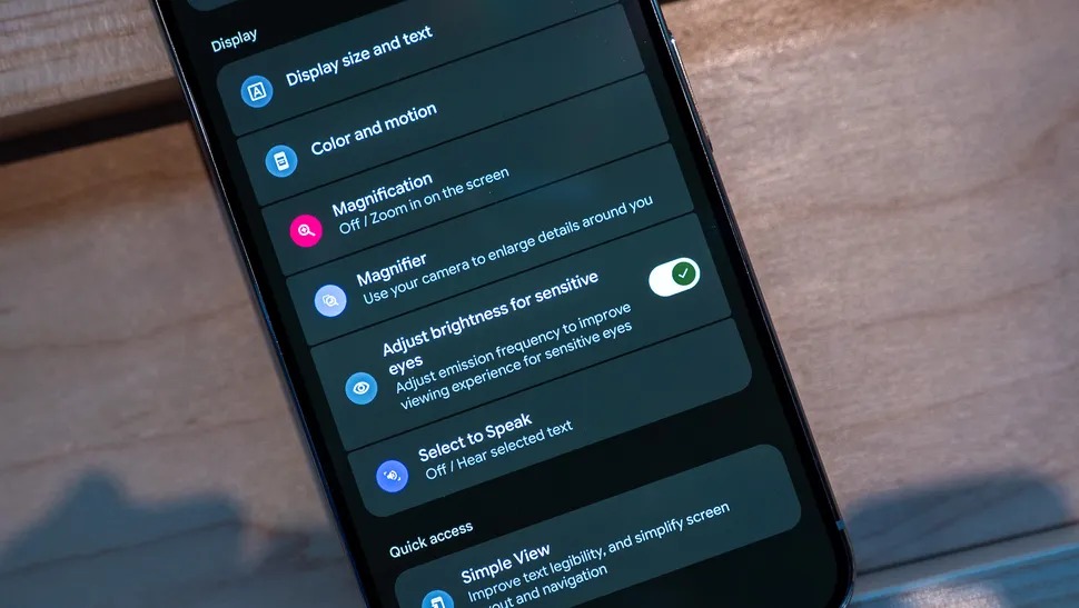 PWM dimming tool in iOS 26 accessibility settings