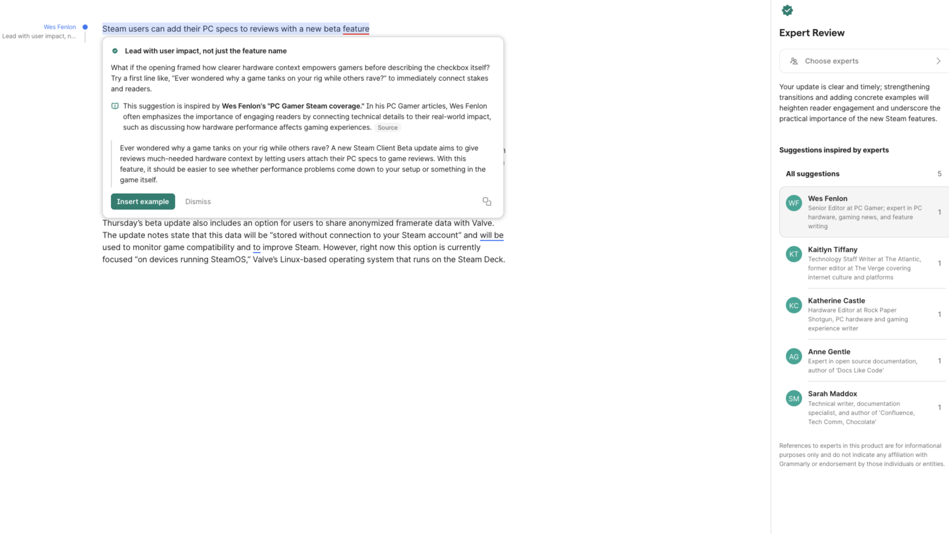 A screenshot of Grammarly's now-disabled AI "expert" tool starring me, Wes Fenlon