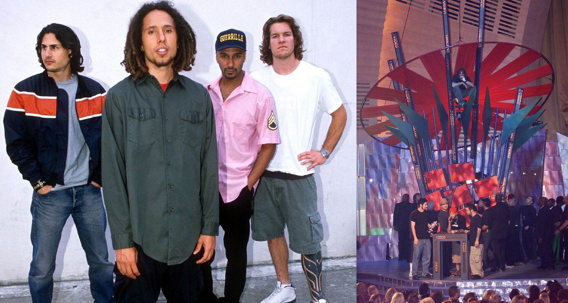 Rage Against The Machine in 1999 and Rage Against the Machine bass player Tim Commerford sits on part of the set while Limp Bizkit recieves their award at the 2000 MTV Video Music Awards at Radio City Music Hall in New York City