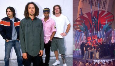 Rage Against The Machine in 1999 and Rage Against the Machine bass player Tim Commerford sits on part of the set while Limp Bizkit recieves their award at the 2000 MTV Video Music Awards at Radio City Music Hall in New York City