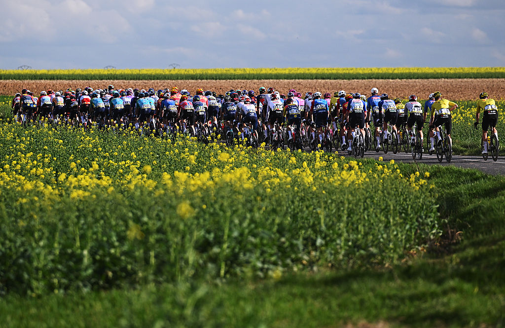 MONTARGIS, FRANCE - MARCH 09: A general view of the peloton passing through a landscape during the 84th Paris-Nice 2026, Stage 2 a 187km stage from Epone to Montargis / #UCIWT / on March 09, 2026 in Montargis, France. (Photo by Szymon Gruchalski/Getty Images)
