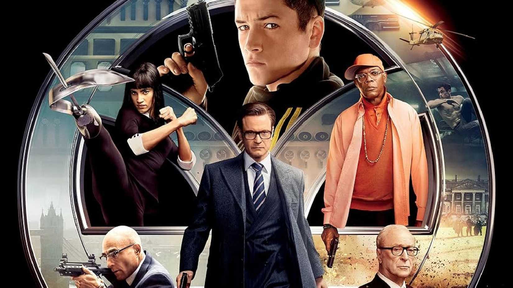 All the characters come together in the movie post for Kingsman The Secret Service including Colin Firth and Taron Egerton