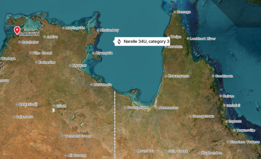 Photographic map of Top End of Australia, showing tropical cylone Narelle off NT coast.