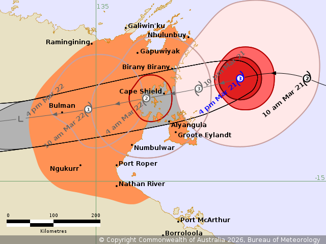 A map showing a tropical cyclone at a category three level off the coast of the NT.