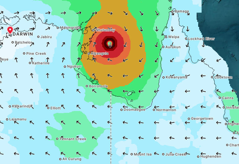 Red circle off the NT east coast, surrounded by bigger circles of yellow and green around it.