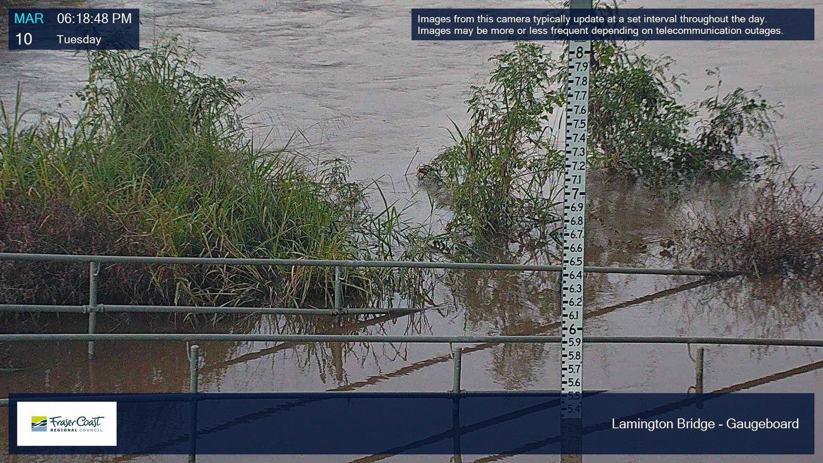 A flood gauge by a river with high waters. 