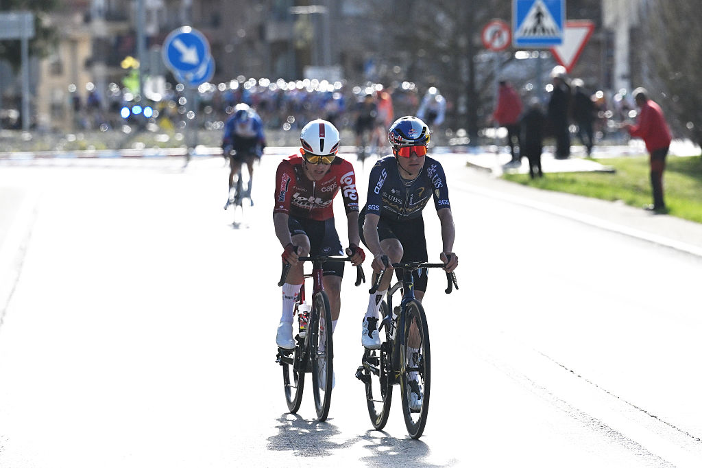 CAMPRODRON, SPAIN - MARCH 26: (L-R) Simone Gualdi of Italy and Team Lotto Intermarche and Thomas Pidcock of Great Britain and Team Pinarello Q36.5 Pro Cycling compete in the breakaway during the 105th Volta a Catalunya 2026, Stage 4 a 151km stage from Mataro to Camprodon 957m / #UCIWT / on March 26, 2026 in Camprodon, Spain. (Photo by Szymon Gruchalski/Getty Images)