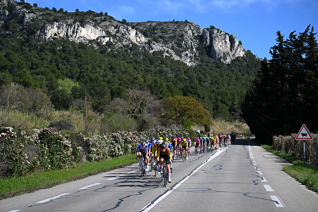 APT, FRANCE - MARCH 13: Benjamin Thomas of France and Team Cofidis and Callum Thornley of Great Britain and Team Red Bull - BORA - hansgrohe lead the peloton during the 84th Paris-Nice 2026, Stage 6 a 179.3km stage from Barbentane to Apt 234m / #UCIWT / on March 13, 2026 in Apt, France. (Photo by Szymon Gruchalski/Getty Images)