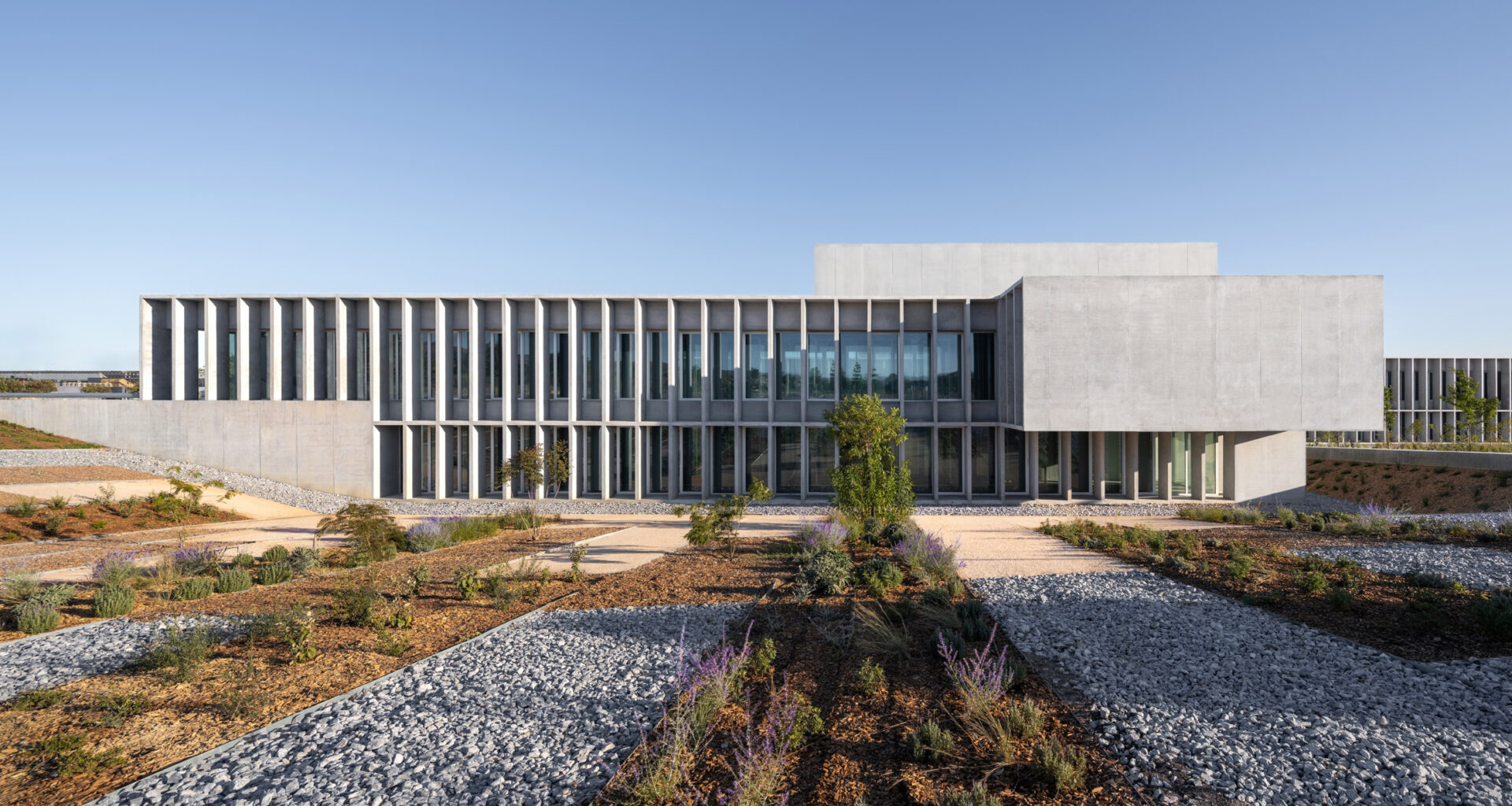 Gridded concrete cloisters define university building in Málaga