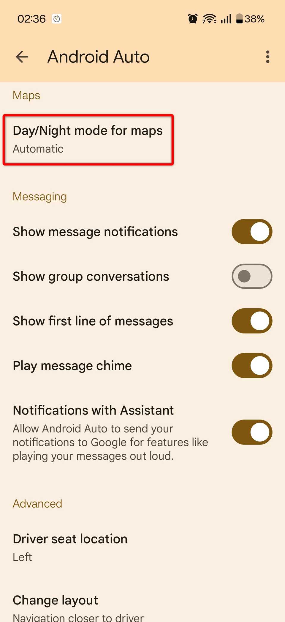 The Day/Night mode for maps option in Android Auto.