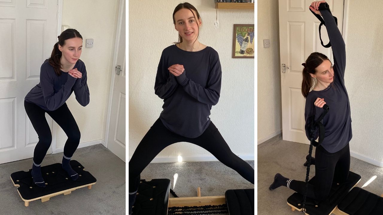 Collage of three images of woman exercising at home platform