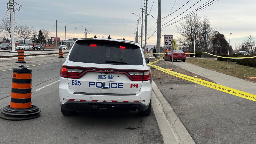 Police at the scene of a collision near Derry Road and Hurontario Street on March 26, 2026. (Bahaa Attia/CityNews)