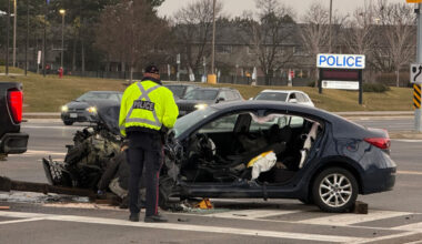 One of two vehicles involved in an early morning crash in Mississauga is shown on March 22, 2026. CITYNEWS/Ricardo Alfonso