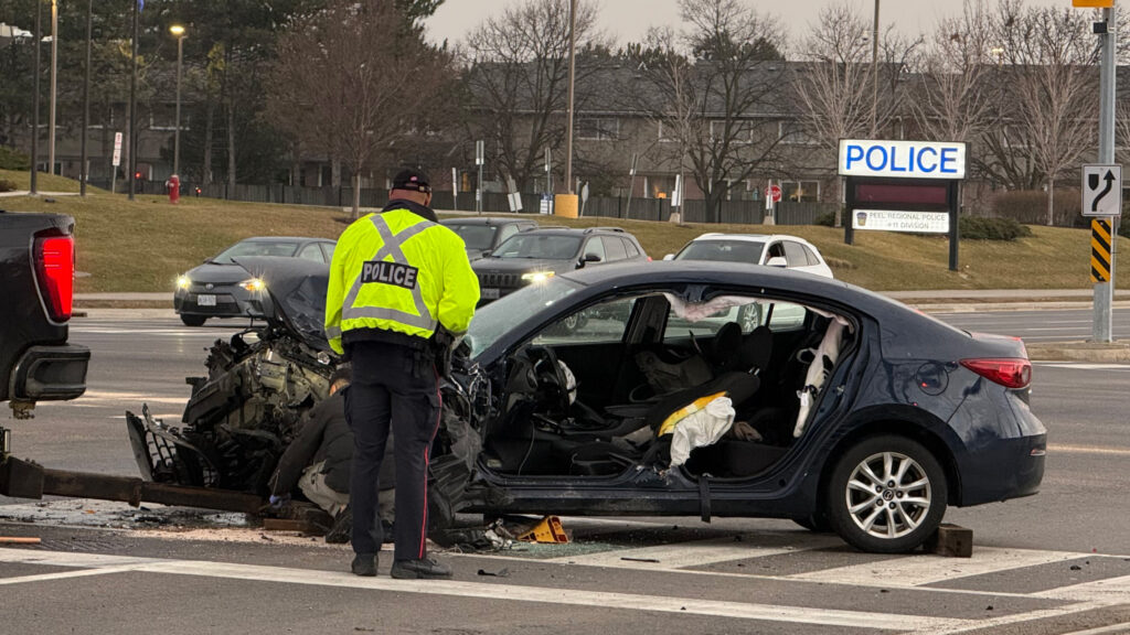 One of two vehicles involved in an early morning crash in Mississauga is shown on March 22, 2026. CITYNEWS/Ricardo Alfonso