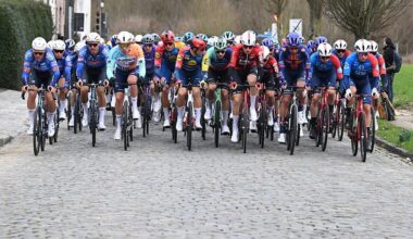 The pack of riders pictured in action during the 78th edition of the men elite race of the Kuurne-Brussels-Kuurne one day cycling race, 195 km from Kuurne to Kuurne via Brussels, Sunday 01 March 2026. BELGA PHOTO POOL THOMAS SISK (Photo by POOL THOMAS SISK / BELGA MAG / Belga via AFP)