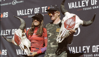 Keegan Swenson and Sofia Gomez Villafa&ntilde;e with unique trophies for winning Valley of Tears