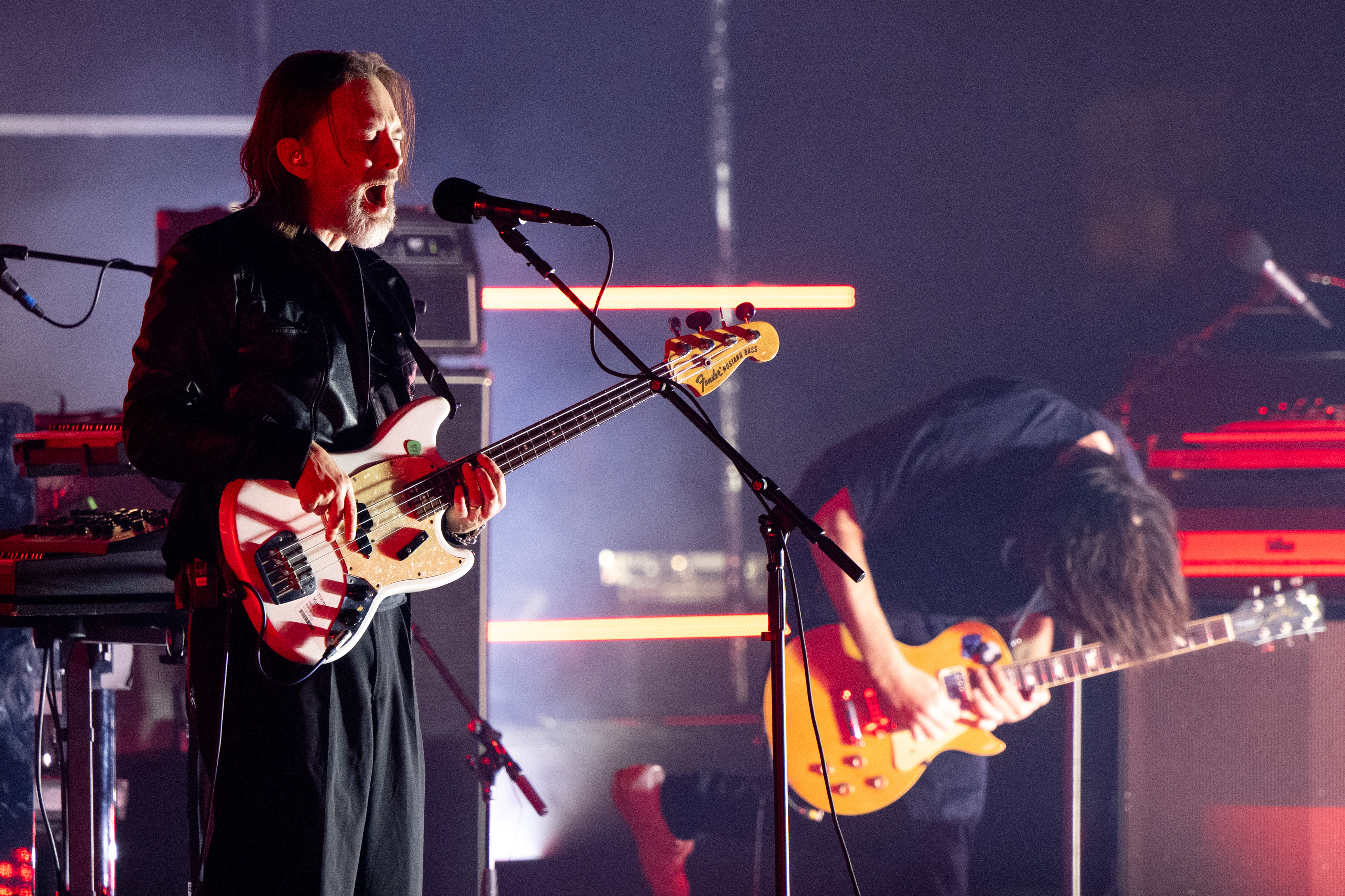 Musicians Thom Yorke and Jonny Greenwood, founding members of Radiohead, perform onstage with The Smile during the "Light for Attracting Attention Tour" at Shrine Auditorium and Expo Hall on December 21, 2022 in Los Angeles, California. 