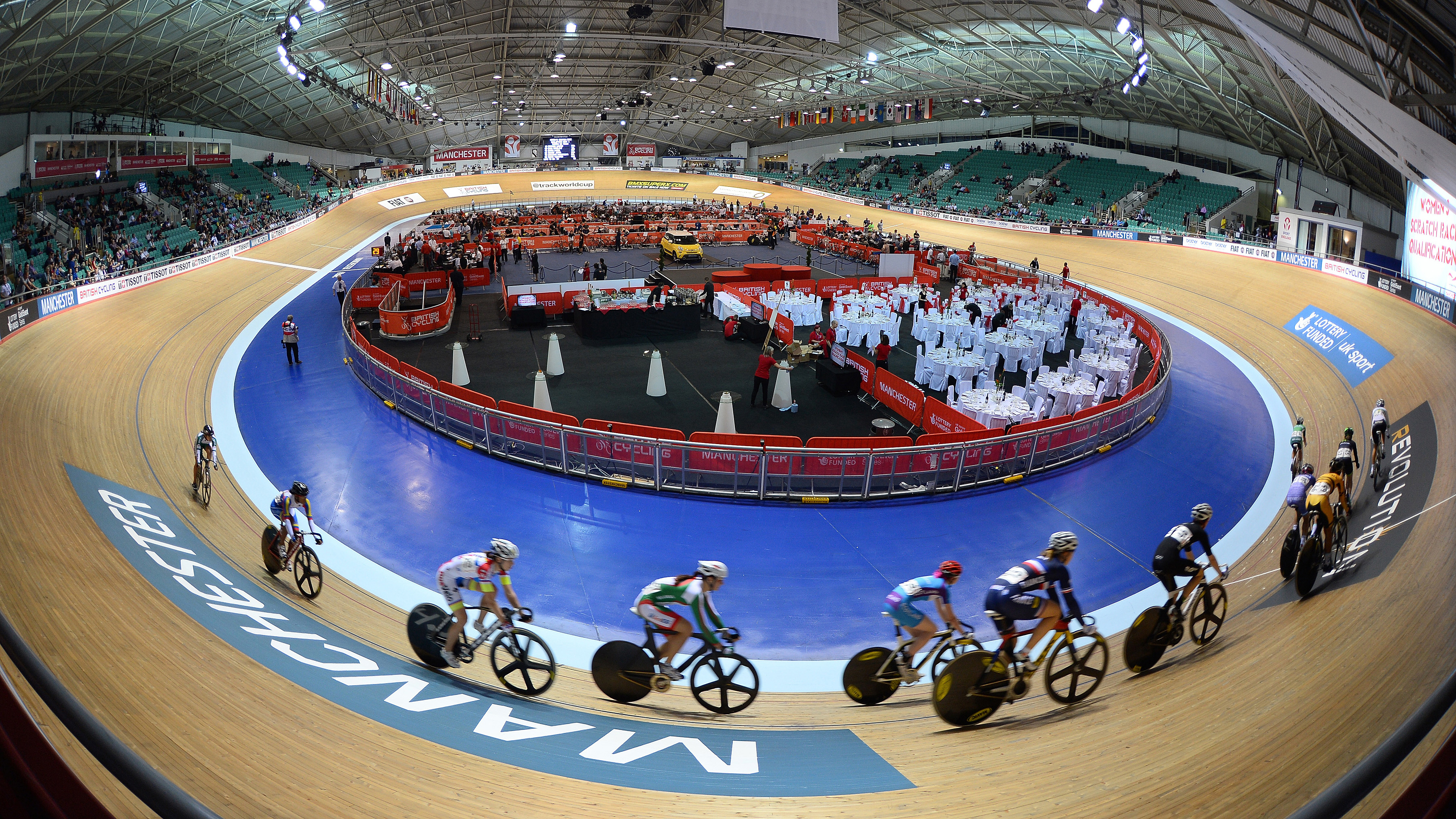 A general view of the velodrome taken during the Women's Scratch race on day one of the Track Cycling World Cup at The National Cycling Centre in Manchester, north-west England, on November 1, 2013. AFP PHOTO/ANDREW YATES (Photo credit should read ANDREW YATES/AFP via Getty Images)