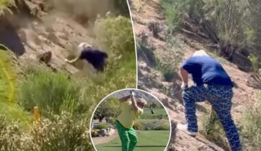 John Daly 'bellyflops' down hill during golf event in wild moment