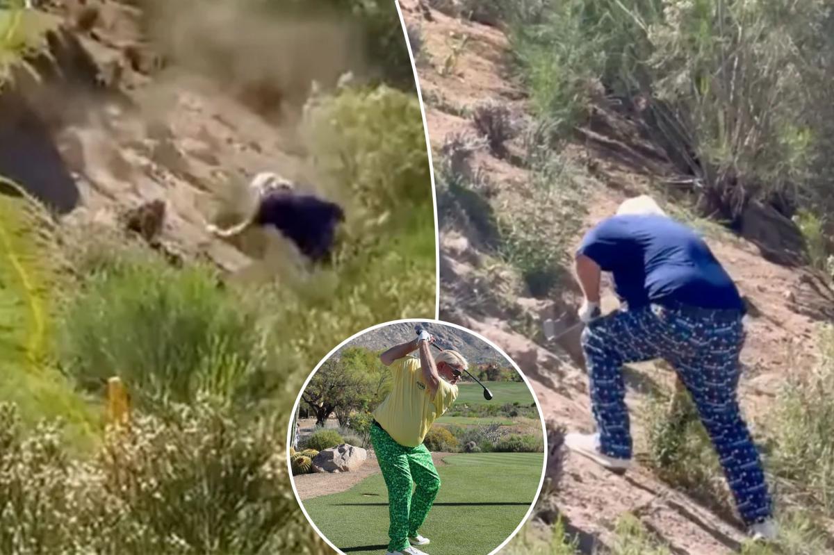 John Daly 'bellyflops' down hill during golf event in wild moment