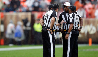 In this Sunday, Sept. 9, 2018 photo, referee Shawn Smith, second from right, and members of his crew meet for a conference during a game between the Pittsburgh Steelers and the Cleveland Browns in Cleveland. (Jeff Haynes/AP)