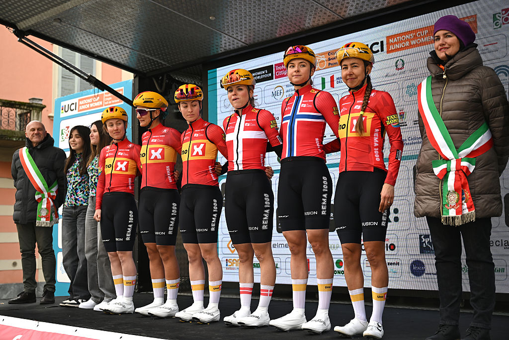 LUINO, ITALY - MARCH 15: Alberte Greve of Denmark, Anouska Koster of Netherlands, Mie Bjorndal Ottestad of Norway, Ingvild Gaskjenn of Norway, Alessia Vigilia of Italy, Francesca Pellegrini of Italy and Team Uno-X Mobility prior to the 27th Trofeo Alfredo Binda - Comune di Cittiglio 2026 a 152.7km one dat race from Luino to Cittiglio / #UCIWWT / on March 15, 2026 in Luino, Italy. (Photo by Luc Claessen/Getty Images)