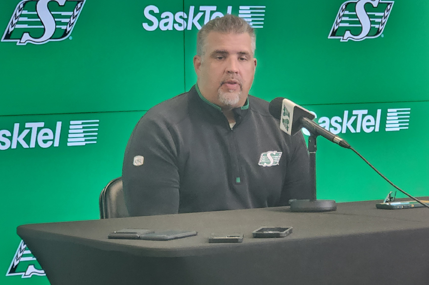 Riders general manager Jeremy O'Day speaking to reporters in Regina.