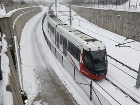 An LRT train at Lees Station in Ottawa.