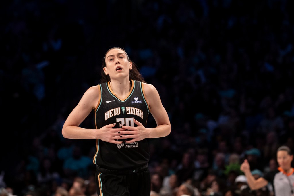 Breanna Stewart #30 of the New York Liberty looks out during a WNBA playoff game.