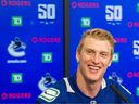 Tyler Myers addresses local media after being acquired in NHL free agency on July 1, 2019.