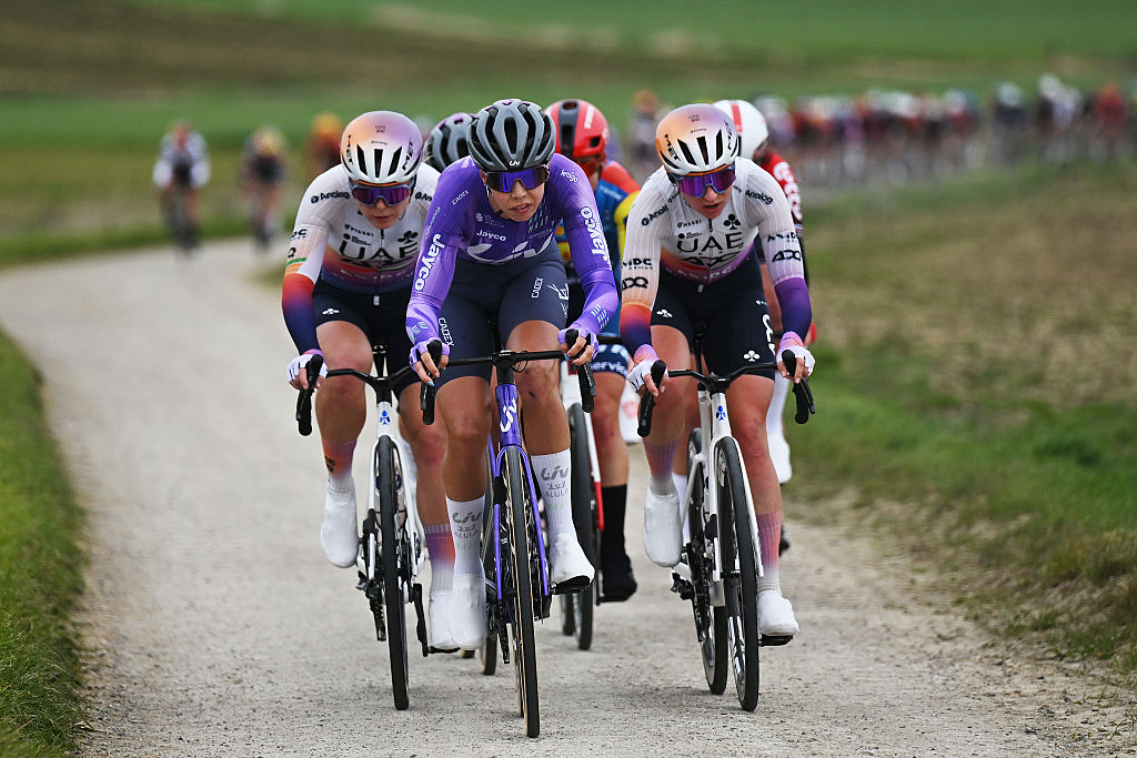 WEVELGEM, BELGIUM - MARCH 29: (L-R) Georgia Baker of Australia and Team Liv AlUla Jayco and Megan Jastrab of United States and UAE Team ADQ compete in the breakaway during 13th In Flanders Fields - From Middelkerke to Wevelgem 2026 - Women's Elite a 135.2km one day race from Wevelgem to Wevelgem / #UCIWWT / on March 29, 2026 in Wevelgem, Belgium. (Photo by Luc Claessen/Getty Images)