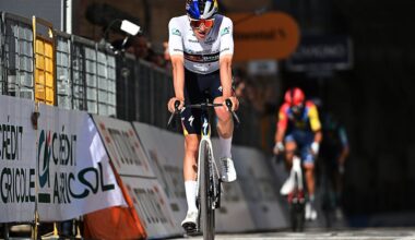 CAMERINO, ITALY - MARCH 14: Giulio Pellizzari of Italy and Team Red Bull - BORA - hansgrohe - White best young jersey crosses the finish line during the 61st Tirreno-Adriatico 2026, Stage 6 a 188km stage from San Severino Marche to Camerino 656m / #UCIWT / on March 14, 2026 in San Severino Marche, Italy. (Photo by Tim de Waele/Getty Images)