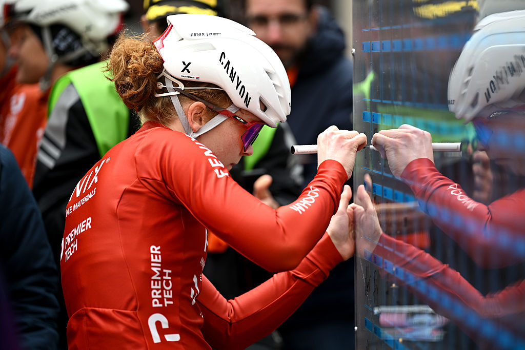 LUINO, ITALY - MARCH 15: Puck Pieterse of Netherlands and Team Fenix-Premier Tech prior to the 27th Trofeo Alfredo Binda - Comune di Cittiglio 2026 a 152.7km one dat race from Luino to Cittiglio / #UCIWWT / on March 15, 2026 in Luino, Italy. (Photo by Luc Claessen/Getty Images)