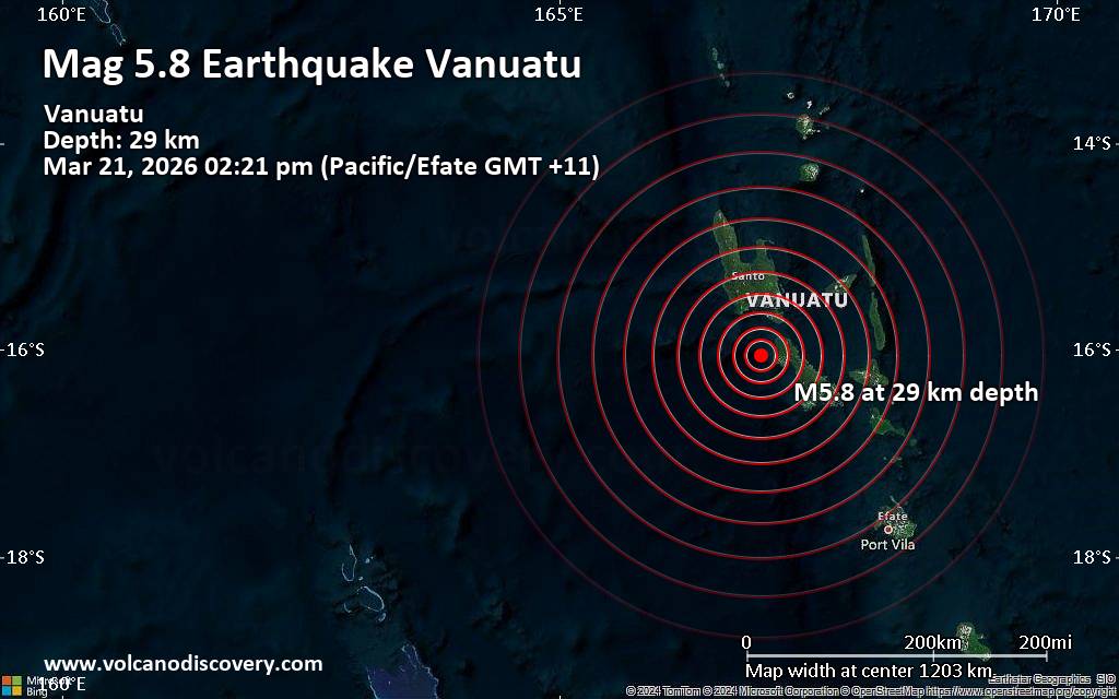 Strong Mag. 5.7 Earthquake - Coral Sea, 60 km Southwest of Luganville, Sanma Province, Vanuatu, on Saturday, Mar 21, 2026, at 02:21 pm (GMT +11)