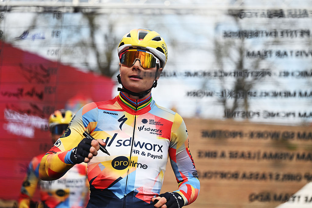 SIENA, ITALY - MARCH 07: Lotte Kopecky of Belgium and Team SD Worx - Protime signing prior to the 12th Strade Bianche Donne 2026 a 133km one day race from Siena to Siena / #UCIWWT / on March 07, 2026 in Siena, Italy. (Photo by Luc Claessen/Getty Images)