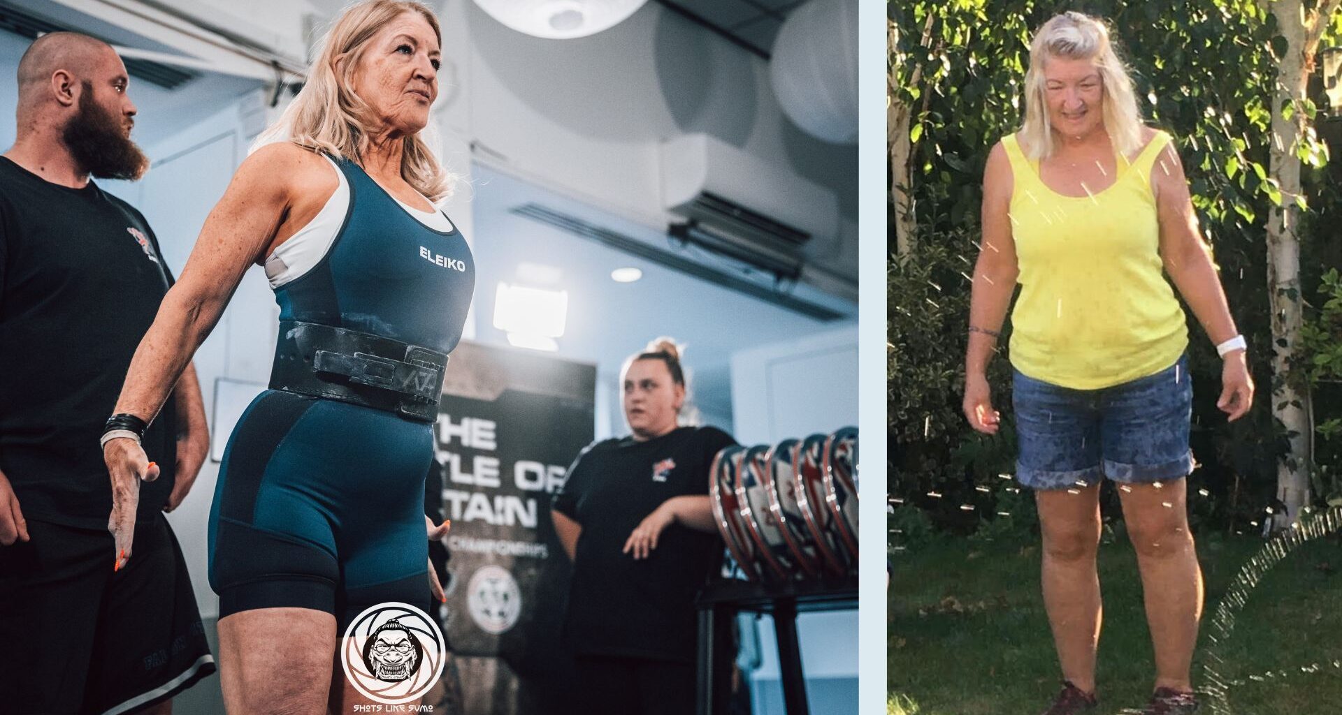 Kitty Duffy at powerlifting competition next to Kitty 10 years ago in garden