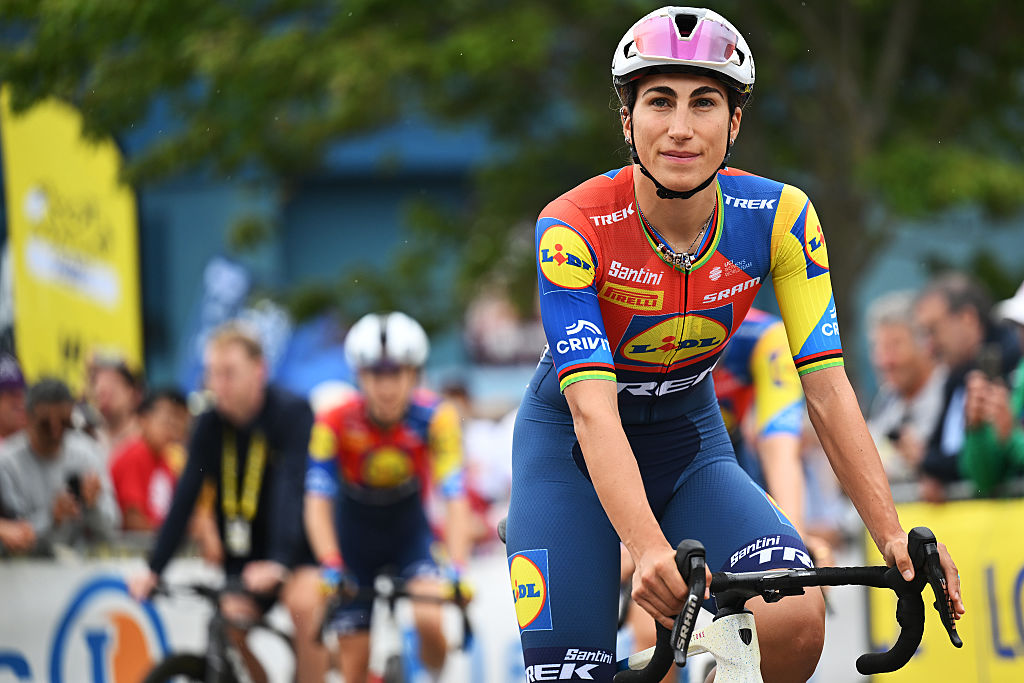 BREST, FRANCE - JULY 27: Elisa Balsamo of Italy and Team Lidl - Trek prior to the 4th Tour de France Femmes 2025, Stage 2 a 110.4km stage from Brest to Quimper / #UCIWWT / on July 27, 2025 in Brest, France. (Photo by Szymon Gruchalski/Getty Images)