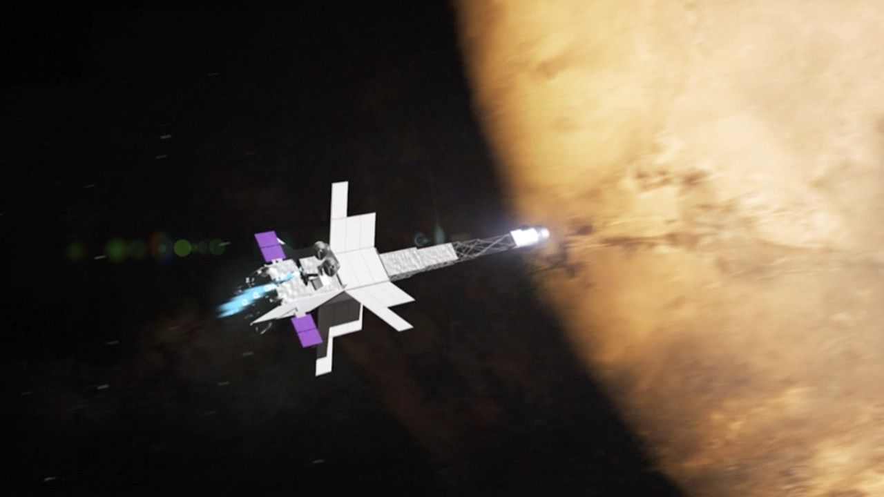 an illustration of a long needle-shaped spacecraft flying towards a red-and-orange orb in space