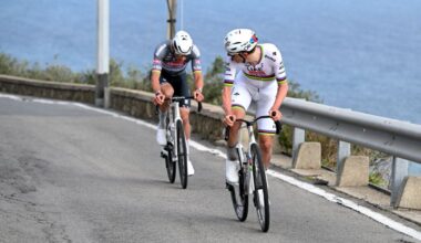 SANREMO, ITALY - MARCH 22: (L-R) Mathieu Van Der Poel of Netherlands and Team Alpecin &ndash; Deceuninck and Tadej Pogacar of Slovenia and Team UAE Team Emirates compete in the breakaway during the 116th Milano-Sanremo 2025 a 289km one day race from Pavia to Sanremo / #UCIWT / on March 22, 2025 in Sanremo, Italy. (Photo by Dario Belingheri/Getty Images)