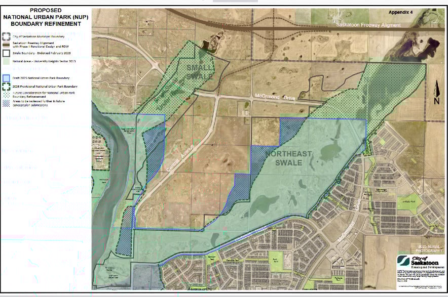 A map of provisional boundaries for the potential national urban park in Saskatoon.